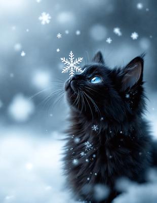The primary subject of the image is a black cat with blue eyes. The cat is looking up at the falling snow, which creates a serene and peaceful atmosphere. The setting is a snowy environment, and the visual style is a black and white photo. The colors and mood of the image are predominantly black and white, with the blue eyes of the cat adding a touch of color.